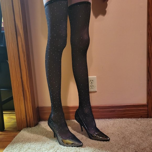 Mack J Mesh Stocking Boots Rhinestone Spatter High Heels - Picture 2 of 6